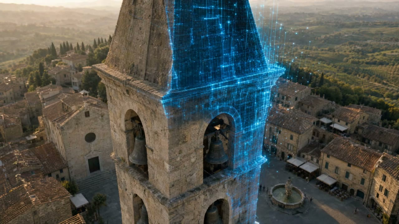 Un paese italiano sulla collina visto dall'alto: la piazza con la fontana, i tetti coi pannelli, la campagna intorno.